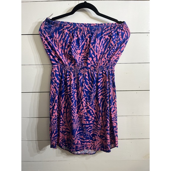 Lilly Pulitzer Windsor Strapless Mini Dress Pink Blue Zebra Pima Cotton Sz L - Picture 4 of 5